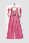 Miniğimin Cicileri Kolları Fırfır Detaylı Çiçek İşleme Kız Çocuk Tulum Salopet - Pembe