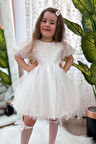 Miniğimin Cicileri Dantel Detaylı Kız Çocuk Tüllü Abiye - Beyaz