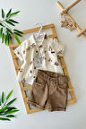 Miniğimin Cicileri Müslin Gömlekli Kaktüs Desenli Erkek Bebek 3 lü Şortlu Takım - Kahve