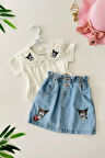 Miniğimin Cicileri Krm Nakış Detaylı Kot Etekli Kız Çocuk 2 li Takım - Mavi