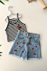 Miniğimin Cicileri Kiraz İşlemeli Kot Şortlu Croplu Kız Çocuk 2 li Takım - Mavi