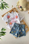 Miniğimin Cicileri Papatya Panç İşlemeli Kız Çocuk Kot Şortlu Takım - Mavi