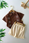 Miniğimin Cicileri İşleme Detaylı Fırfırlı Kız Çocuk Şortlu 2 li Takım - Kahve