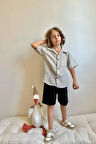 Miniğimin Cicileri Müslin Pamuklu Çizgili Gömlekli Şortlu Erkek Çocuk Takım - Gri