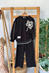 Miniğimin Cicileri Çiçek Nakış İşleme Detaylı Triko Ribanalı Kız Çocuk 2 li Takım - Siyah