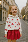 Miniğimin Cicileri Kalp Baskılı Kapüşonlu Kız Çocuk Etekli Takım - Kırmızı