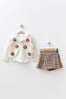 Miniğimin Cicileri Papatya Detaylı ve Ekose Şortetekli Kız Çocuk 3 lü Takım - Krem