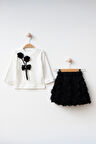 Miniğimin Cicileri 3D Çift Gül Detaylı Kız Çocuk Etekli Takım - Siyah