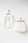 Miniğimin Cicileri 3D Çift Gül Detaylı Kız Çocuk Etekli Takım - Beyaz