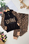 Miniğimin Cicileri Leopard Kapüşonlu Kız Çocuk Leopar Eşofman Takım - Siyah