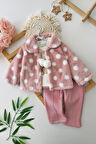 Miniğimin Cicileri Puantiye Desenli Kürklü Kız Bebe  3 lü Takım - Gül Kurusu