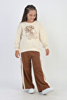 Miniğimin Cicileri Örgü Çiçek Desenli Kız Çocuk Bol Pantolonlu Takım - Kahve