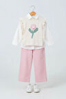 Miniğimin Cicileri Çiçek Motifli Triko Süveterli Pantolonlu Kız Çocuk 3 lü Kombin - Pembe