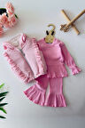 Miniğimin Cicileri Fırfır Detaylı Kapişonlu Simli Yelekli Kız Çocuk 3 lü Takım - Pembe