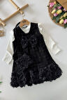 Miniğimin Cicileri Eteği Gül Detaylı Çantalı Kız Çocuk Tüvit Elbise - Siyah