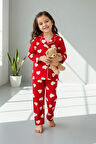 Miniğimin Cicileri Kalp Desenli Süet Kız Çocuk Pijama Takımı- Kırmızı