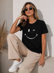 Livizmir Moda Minimal Gülümseyen Yüz Baskılı Tişört Kısa Kol Yazlık T-Shirt - Siyah