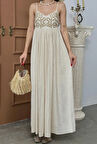 Kadın Keten Nakış İşlemeli Uzun Elbise Şık Yaz Stili