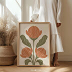 Sönük Yeşil ve Yanık Turuncu Soyut Çiçek Desenleri - Eklektik Odalar İçin Modern Bohem Dekor | Bohem Şık Duvar Sanatı |