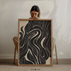 Büyük Bej ve Siyah Soyut Organik Çizgiler Sanatı - Kasvetli Oturma Odaları İçin Orta Yüzyıl Modern |