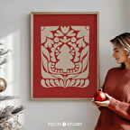 Kırmızı Bej İskandinav Noel Duvar Sanatı, Maksimalist Halk Tatil Posteri