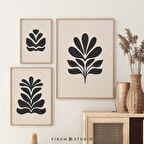 Çiçek Duvar Sanatı 3'lü Set, Siyah Bej 3'lü Set, İskandinav Dekoru