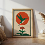 Sinek Kuşu Halk Sanatı, Vintage Kuş İllüstrasyonu, Kırmızı Güneş Duvar Sanatı, İskandinav Tarzı Poster