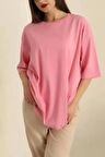 Pembe  Bisiklet Yaka Oversize Kadın Tişört