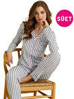 Kadın Gömlek Yaka Önden Düğmeli Saten Biyeli Göğüs Cepli Süet Kışlık Uzun Kol Pijama Takımı