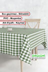 Yeşil Beyaz Pötikareli Pvc Muşamba Astarlı Masa Örtüsü Leke Tutmaz Silinebilir