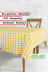 Sarı Beyaz Pötikareli Pvc Muşamba Astarlı Masa Örtüsü Leke Tutmaz Silinebilir