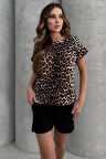 Lesa Wear Leopar Desenli Soft Touch Geniş Yaka Oversize T-shirt