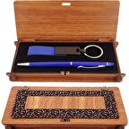 Ahşap Kutulu Koyu Mavi Kalem Ve Anahtarlık Set