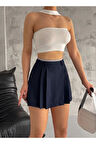 Kadın Lacivert Pileli Şeritli Şort Etek