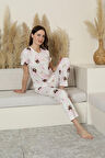 Kadın Desenli Bisiklet Yaka Düğmesiz Bambu Yazlık Kısa Kollu Pijama Takımı-Dar Kesim