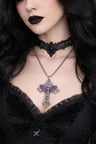 Gotik Butterfly Detaylı Mor İşlemeli Haç Kolye Unisex Metal Zincir