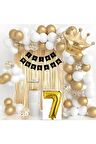 Kral Taçlı 7 Yaş Doğum Günü Gold Beyaz Balon Seti