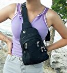 Fiyra bb1 Siyah Krinkıl Kumaş Beş Bölmeli  Body Bag Kadın Çanta