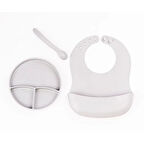 Gri 3’Lü Silikon Yemek Seti – Önlük + Diş Kaşıyıcılı Kaşık + Vakumlu Tabak