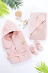 Kız Bebek Lüks Bornoz Takımı  Havlu Seti % 100 Pamuk Kumaş 0- 2 Yaş STL6582