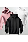 Oversize Unisex 3'lü Baskısız Kapüşonlu Sweatshirt Hoodie Kalın Kumaş 3 İplik Şardonlu