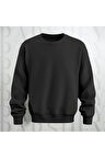 Baskısız Siyah Bisiklet Yaka Sweatshirt Kalın Kumaş 3 İplik