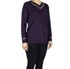 KADIN YAKA VE KOLAĞZI TAŞLI LİKRALI PENYE BLUZ