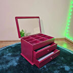  Aynalı 2 Çekmeceli Bölmeli Dekoratif Takı Saat Makyaj Kutusu Çok Amaçlı Organizer Ahşa MDF