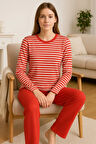 Kadın Pijama Takımı %100 Pamuk Turuncu Çizgili