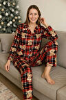Kadın Pijama Takımı Boydan Düğmeli Süet Ayıcık Desenli