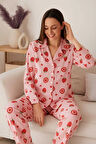 Kadın Pijama Takımı Boydan Düğmeli Raporlu Kumaş Milan Çilek Desenli