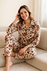 Kadın Pijama Takımı Boydan Düğmeli %100 Pamuk Ayıcık Desenli