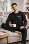 Erkek Siyah Pijama Takımı %100 Pamuk Uzun Kollu Düz Paça Regular Fit Rahat Kalıp