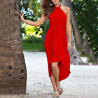 leyla sanat sanata yeni bir bakış açısı Boyun Askılı Eteği Kruvaze Kesim Viskon Kumaş Elbise